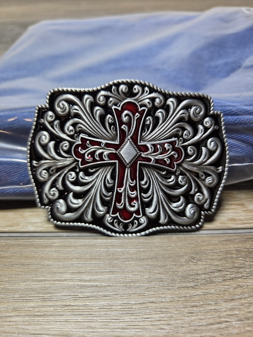 Ornate Red Cross Filigree Silver Tone Western Belt Buckle